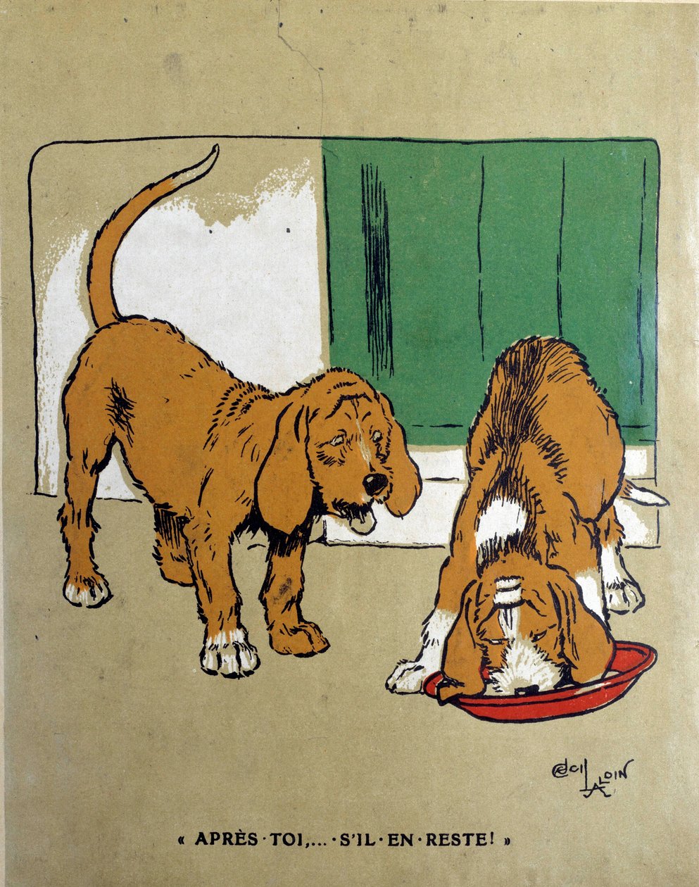 Den stærkestes lov: "Efter dig, hvis der er nogen tilbage..." Den ene hund lader den anden spise og gøre skålen færdig. Tegning af Cecil Aldin (1870-1935) 1800-tallet. Paris, dekorativ kunst af Cecil Charles Windsor Aldin