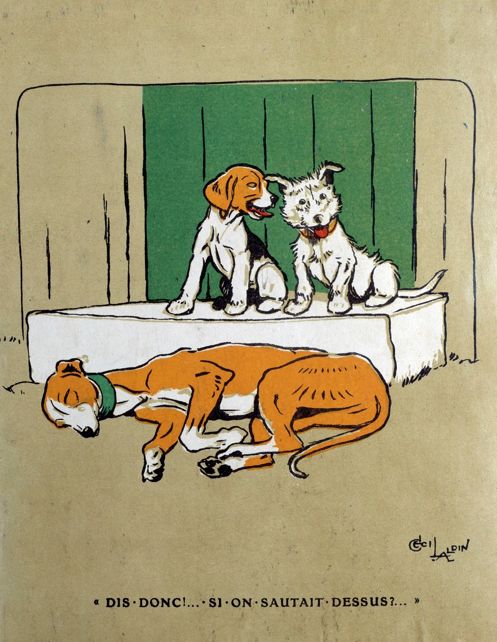 Hvorfor hopper vi ikke på to hunde, tøver med at vække en sovende gær? Akvarel af Cecil Aldin (1870-1935) Paris fra det 19. århundrede, dekorativ kunst af Cecil Charles Windsor Aldin