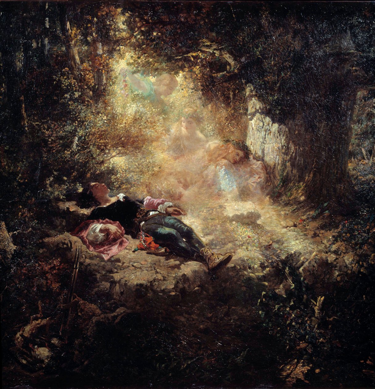 En solstråle Unge mennesker sover på en klar vej. Maleri af Celestin Nanteuil (1813-1873) af Celestin Francois Nanteuil