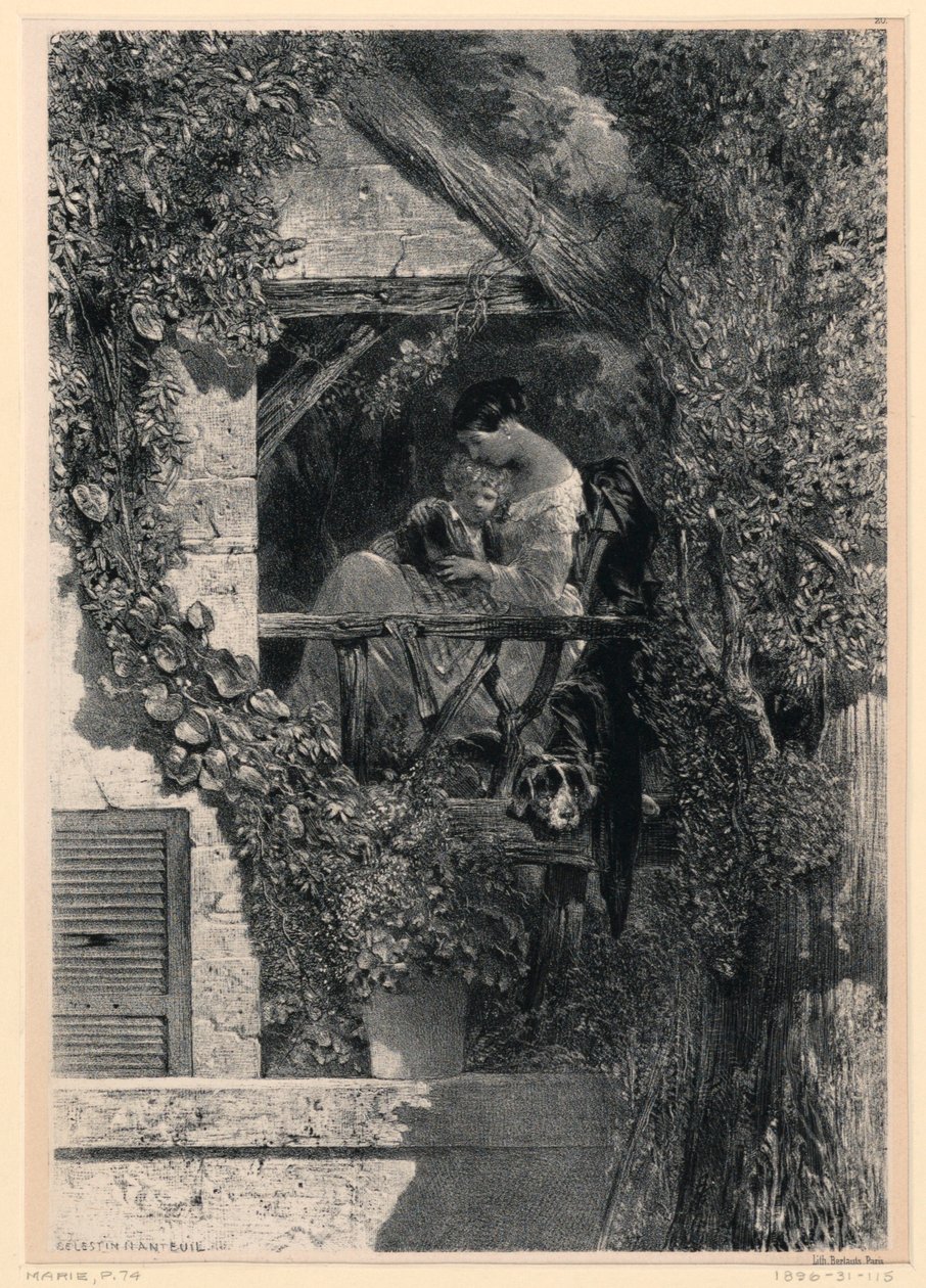 Mor og barn på altanen af Celestin Francois Nanteuil