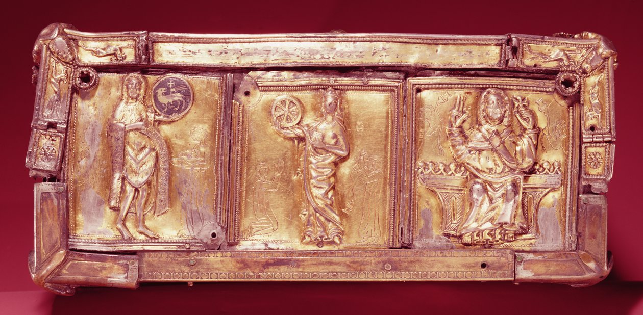 Sidepanel af Domnach Airgid boghelligdommen, Clones, County Monaghan, 8. århundrede, ombygget i ca. 1350 (taks dækket med tinbelagt bronze og sølvforgyldte plader) af Celtic