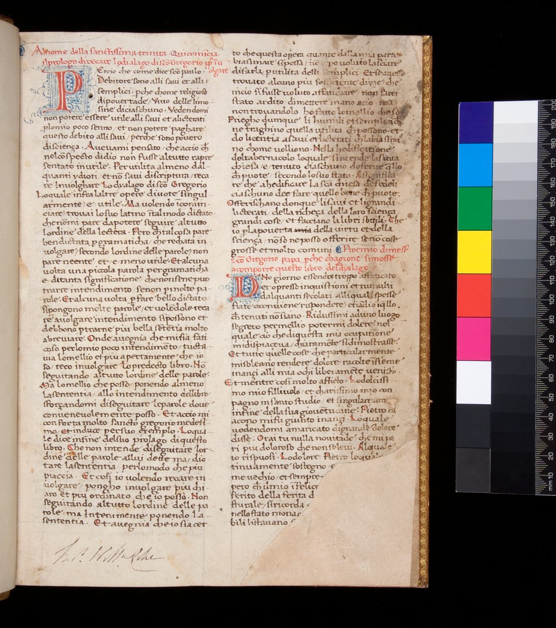 Fru 148. Gregory den Store, Dialogi på italiensk overs. af Domenico Cavalca, f.1r Dekorerede bogstaver [P] og [D] i rødt med penneværksdekoration i blåt af Central Italian School