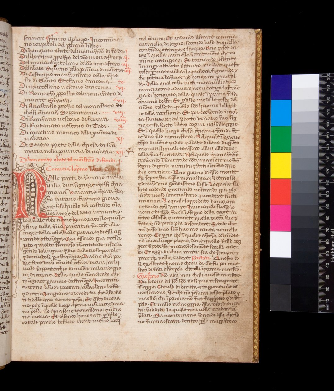 Fru 148. Gregory den Store, Dialogi på italiensk overs. af Domenico Cavalca, f.2r Dekoreret bogstav [N] i rødt blæk med pen-blomstrende i brunt blæk af Central Italian School