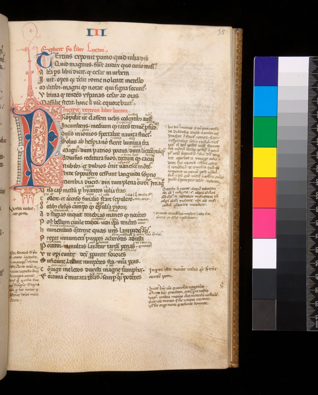 Ms 325. Lucan, Bellum Civile og andre værker, f.35r. Opdelt initial [P] i rød og blå med kontrasterende pen, ca. 1353 (pergament) af Central Italian School