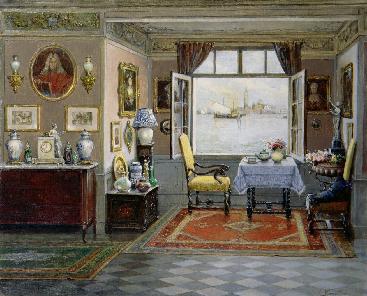 Et venetiansk hjem med udsigt over San Giorgio Maggiore fra et åbent vindue, ca. 1900 af Cesare Vianello