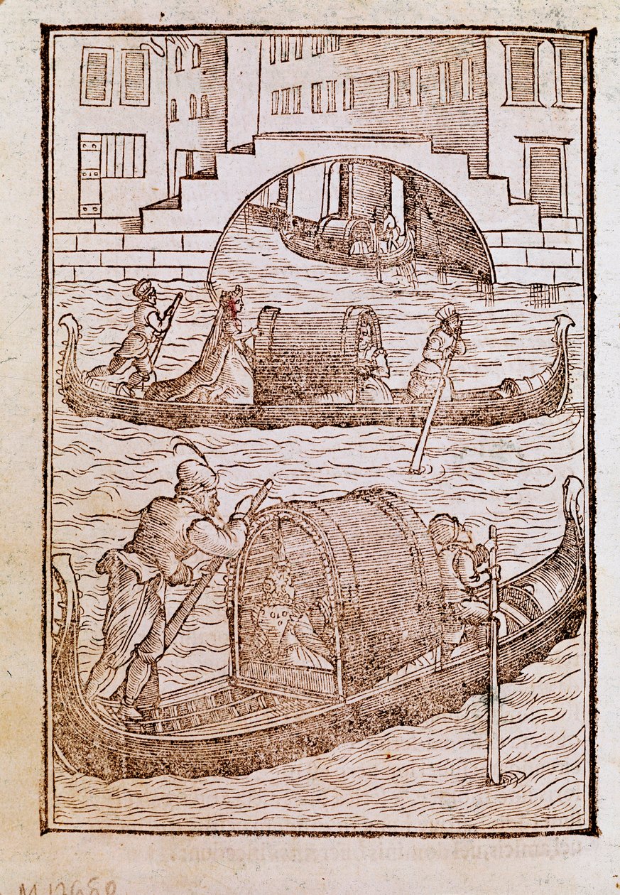 Gondoler i lagunen i Venedig i det 15. århundrede Gravering fra "" Af gamle og moderne tøj "" af Cesare Vecellio (1521-1601) 1590 Venedig Biblioteca Marciana af Cesare (after) Vecellio