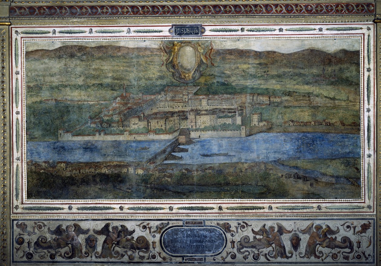 Udsigt over byen Innsbruck, Østrig. Udsigt over byerne i det habsburgske rige. Fresko af Michelozzo-gården i Palazzo Vecchio i Firenze. Maleri af Sebastiano Veronese Giovanni Lombardi, Cesare Baglioni og Turino da Piamonte, ca. 1565. Størrelse af Cesare Baglioni