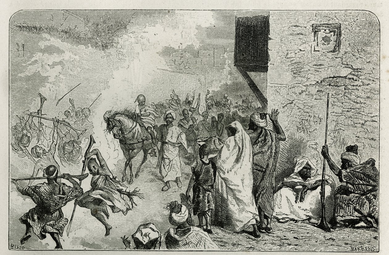 En ung dreng bærer i triumf ved tilbagekomsten af omskæringsceremonien, midt i mængden, der skyder pistolskud i luften, mens han skriger og hygger sig igen, gravering af C.Biseo for at illustrere historien Le Maroc af Edmondo de Amicis , i af Cesare Biseo