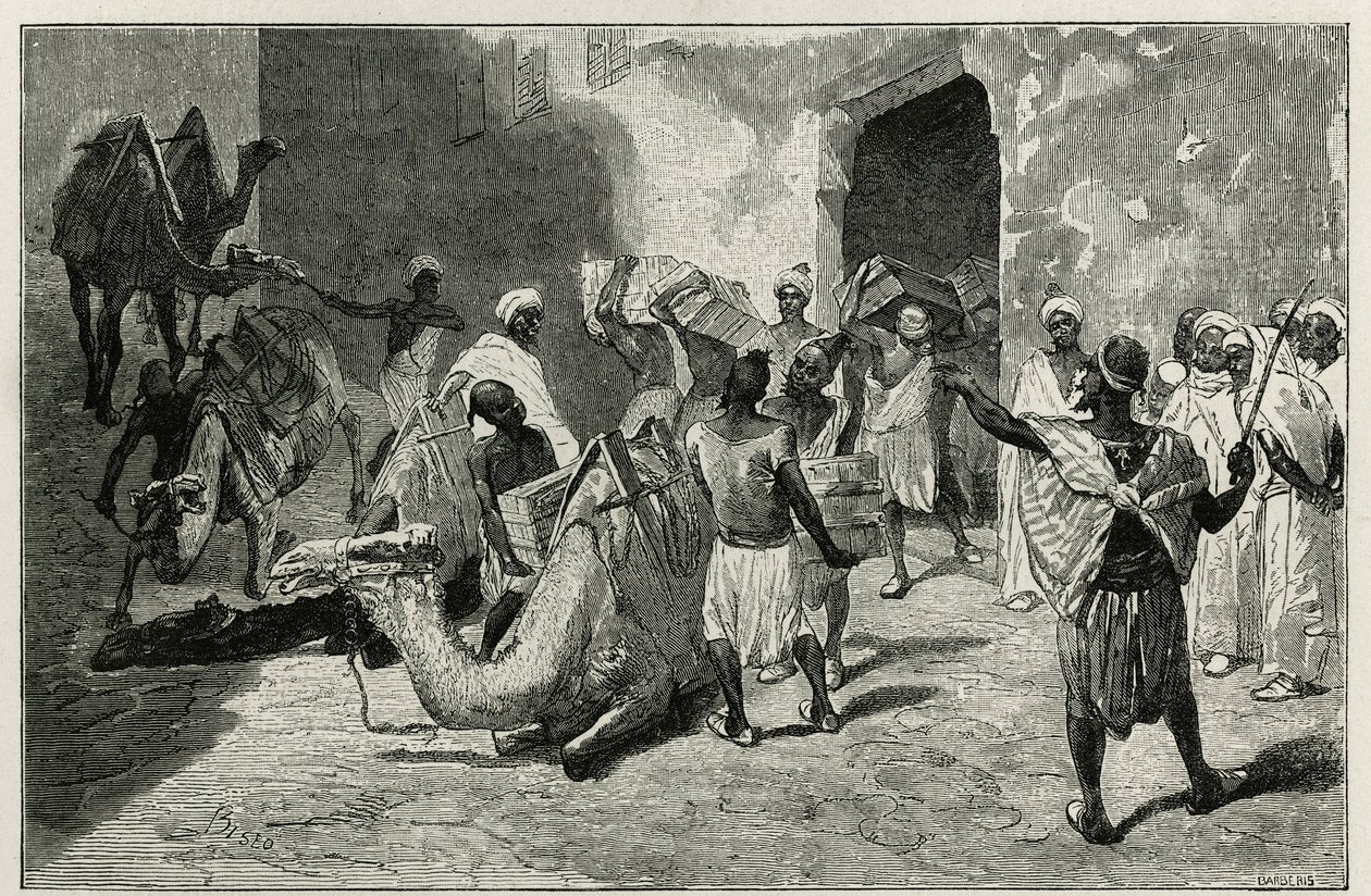 Lastning af kameler fra Atanger, forfatterens karavane, stik af Biseo, til illustration af historien Le Maroc af Edmondo de Amicis, i 1875, udgivet i Tour du Monde, under ledelse af Edouard Charton af Cesare Biseo