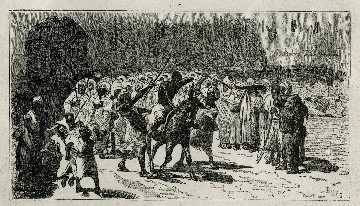 en tyvs chatiment, klatrer på et muldyr, han modtager stave under folkemængdens huees, stik af C.Biseo, til illustration af historien Le Maroc af Edmondo de Amicis, i 1875, offentliggjort i tour du monde, under ledelse af Edouard Charton af Cesare Biseo