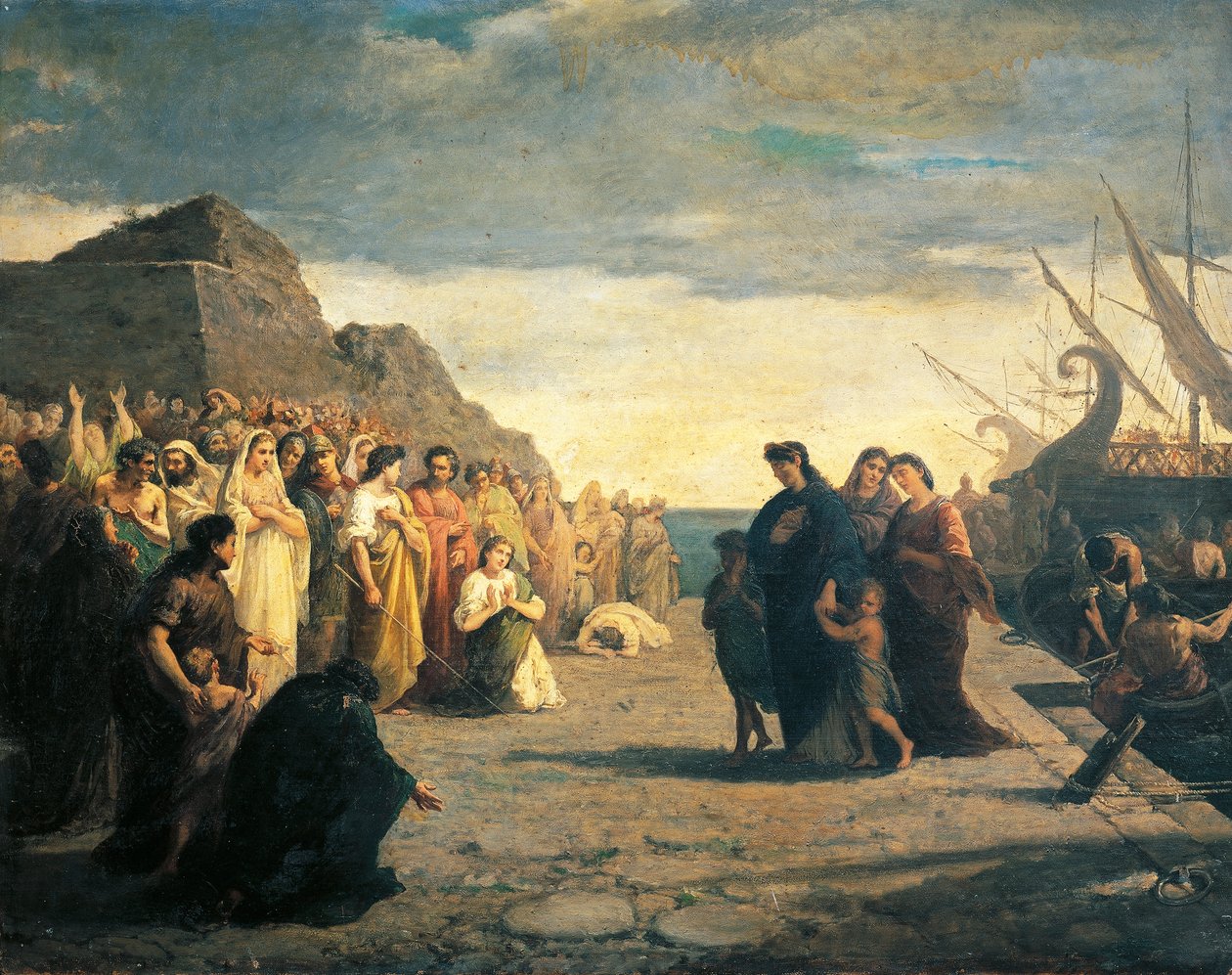 Agrippina ankommer til havnen i Brindisi med Germanos aske, af Cesare Caroselli (1847-1927), olie på lærred, Julio-Claudian dynasti, Italien af Cesare Caroselli