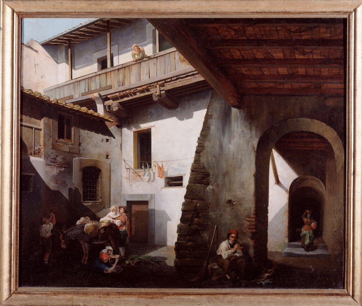 Bønder i gården til en kro (italienske bønder i en krogård) Maleri af Cesare Coghetti (aktiv mellem 1859 og 1881) 1863 Dim 70x85 cm Genes, Galleria d