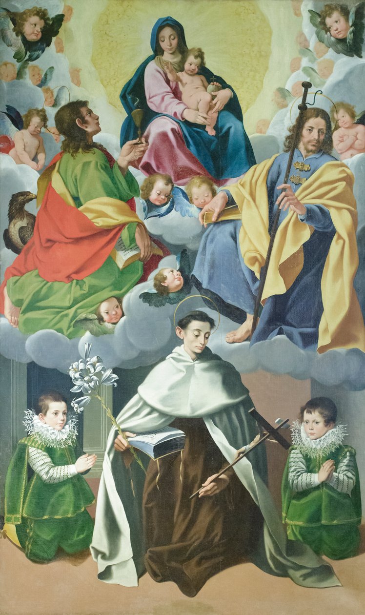 Jomfru med barn og Sankt Jakob, Johannes den Store, Alberto degli Abati og to børn fra Panici-huset, ca. 1595-1598 (olie på lærred) af Cesare & Conti Vincenzo Conti