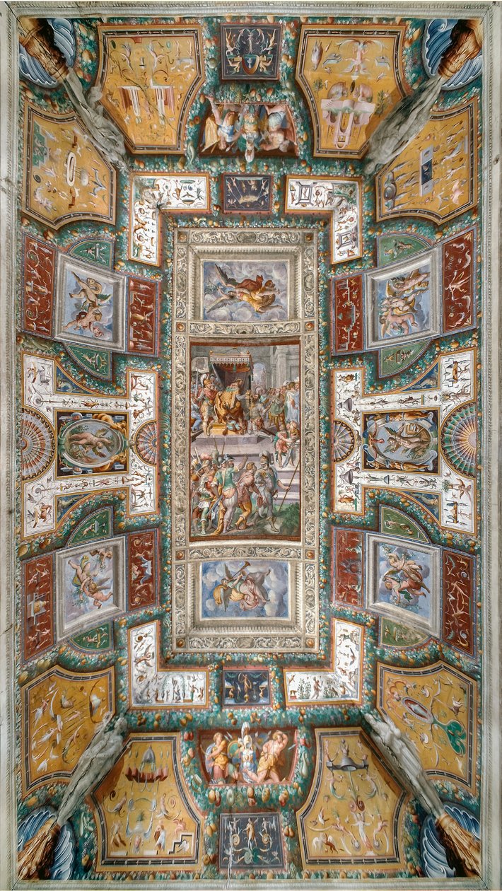 Pier Maria Rossi med æren af ​​Sankt Michaels Orden, Udsigt over loftet i Sala delle Gesta Rossiane, Rocca dei Rossi, San Secondo, Parma, Italien, ca. 1570 (fresco) af Cesare and Jacopo Bertoia and others Baglione