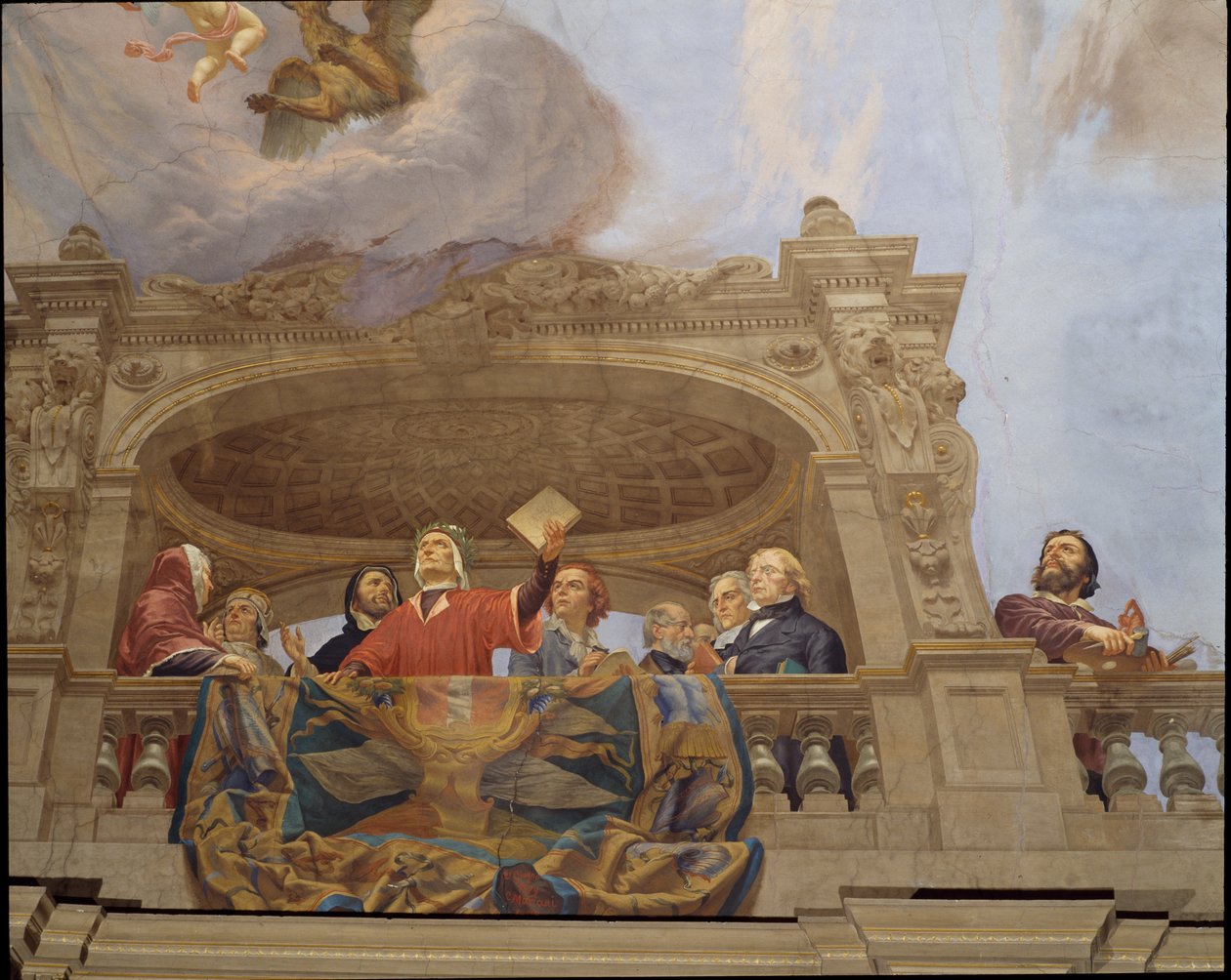 Detalje fra Allegory of Italy, fresko af Cesare Mariani (1826-1901), loft, Majoritetens sal, Palazzo delle Finanze (Finanspaladset), Rom. Italien af Cesare Mariani