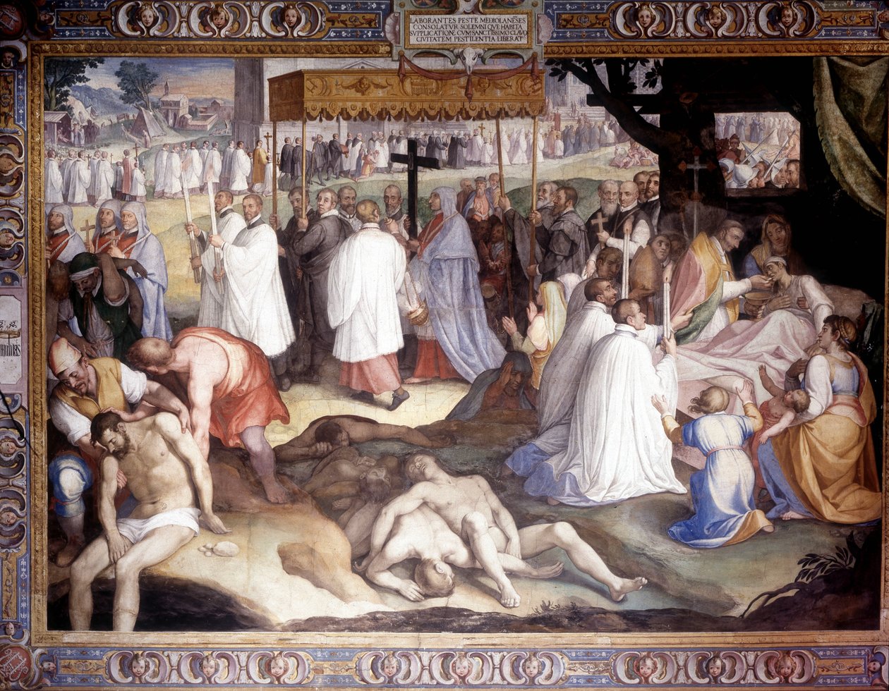 Milanos pest: Sankt Charles Borromeo (San Carlo Borromeo) (1538 - 1584) kommunikerer de døende. Fresco af Carlo Nebbia på Borromeo College i Pavia. 16. århundrede af Cesare Nebbia