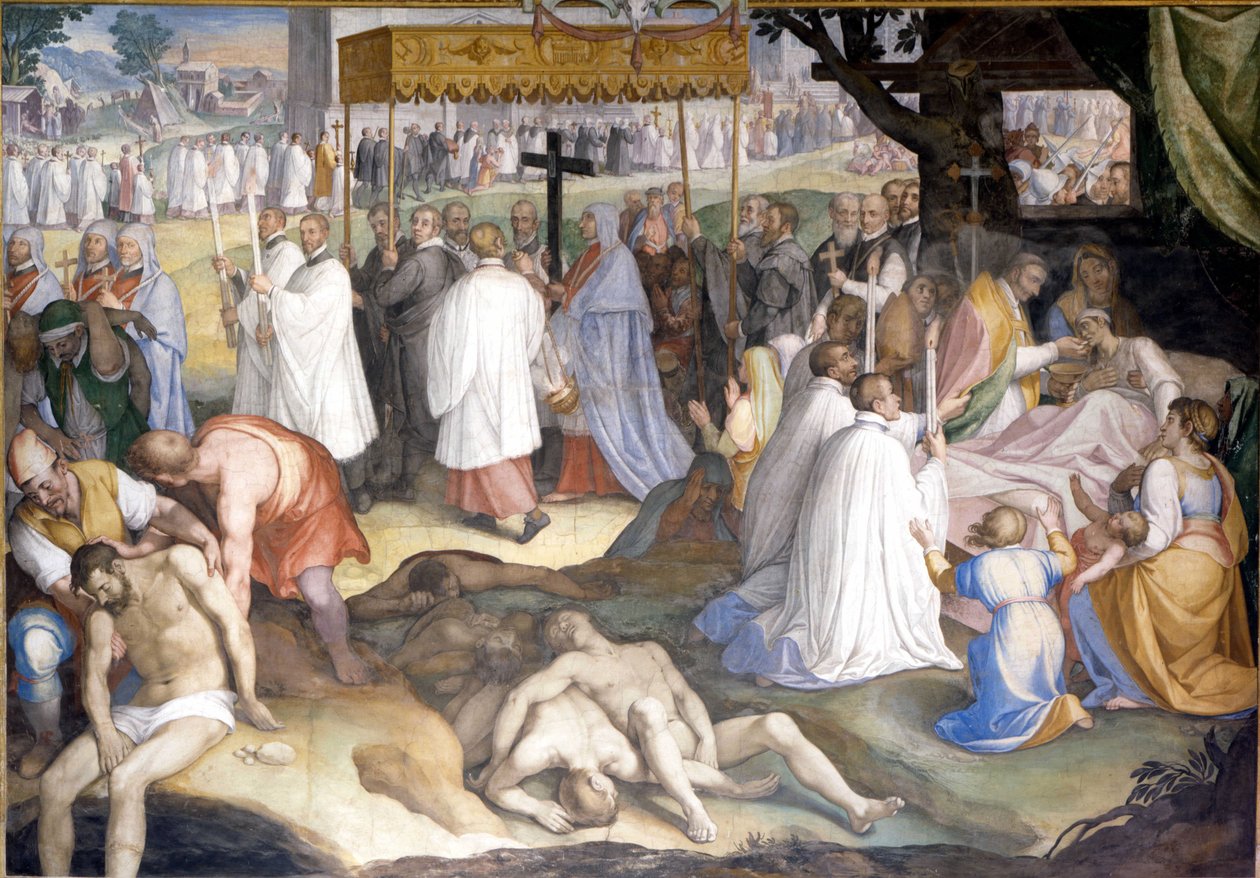 Sankt Charles Borromeo San Carlo Borromeo forkyndte de døende skadelige mennesker under pesten fra 1575 til 1577 i Lazaret i Milano. Fresco af Charles Nebbia på Borromeo College i Pavia (Milano). af Cesare Nebbia