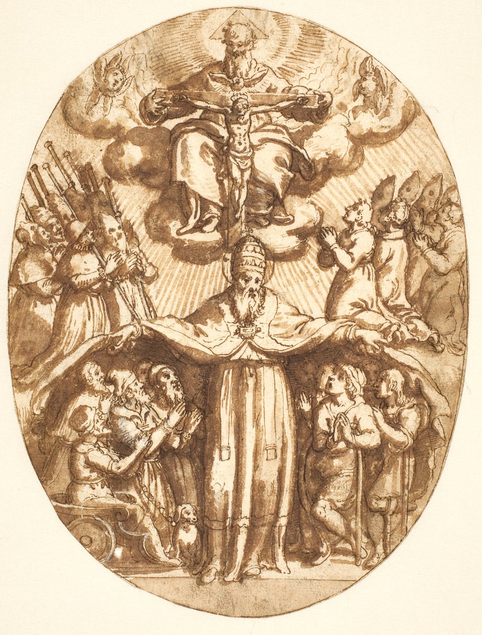 Treenigheden med medlemmer af et broderskab og en pave som beskytter af svagelige. Oval sammensætning af Cesare Nebbia
