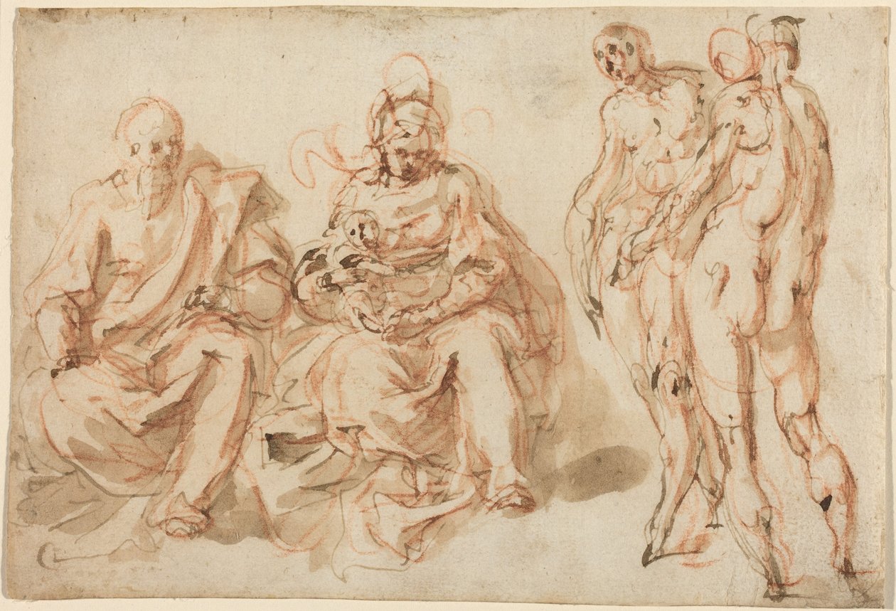 The Adoration of the Shepherds (pen og brunt blæk med lysebrun vask over rødt kridt på lagt papir) af Cesare Pollini