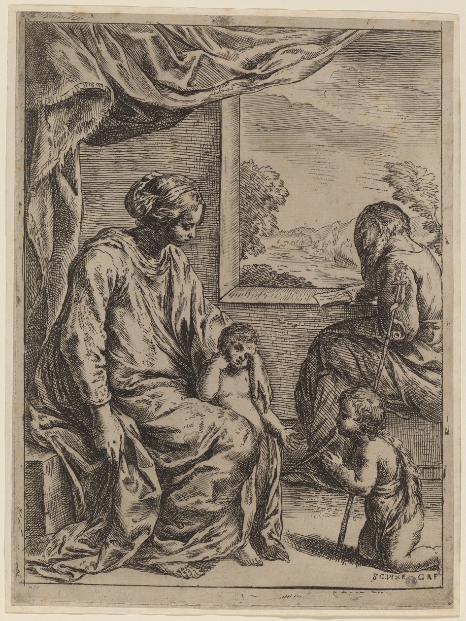 Den hellige familie med Johannes Døberen af Cesare Roberti, after Simone Cantarini
