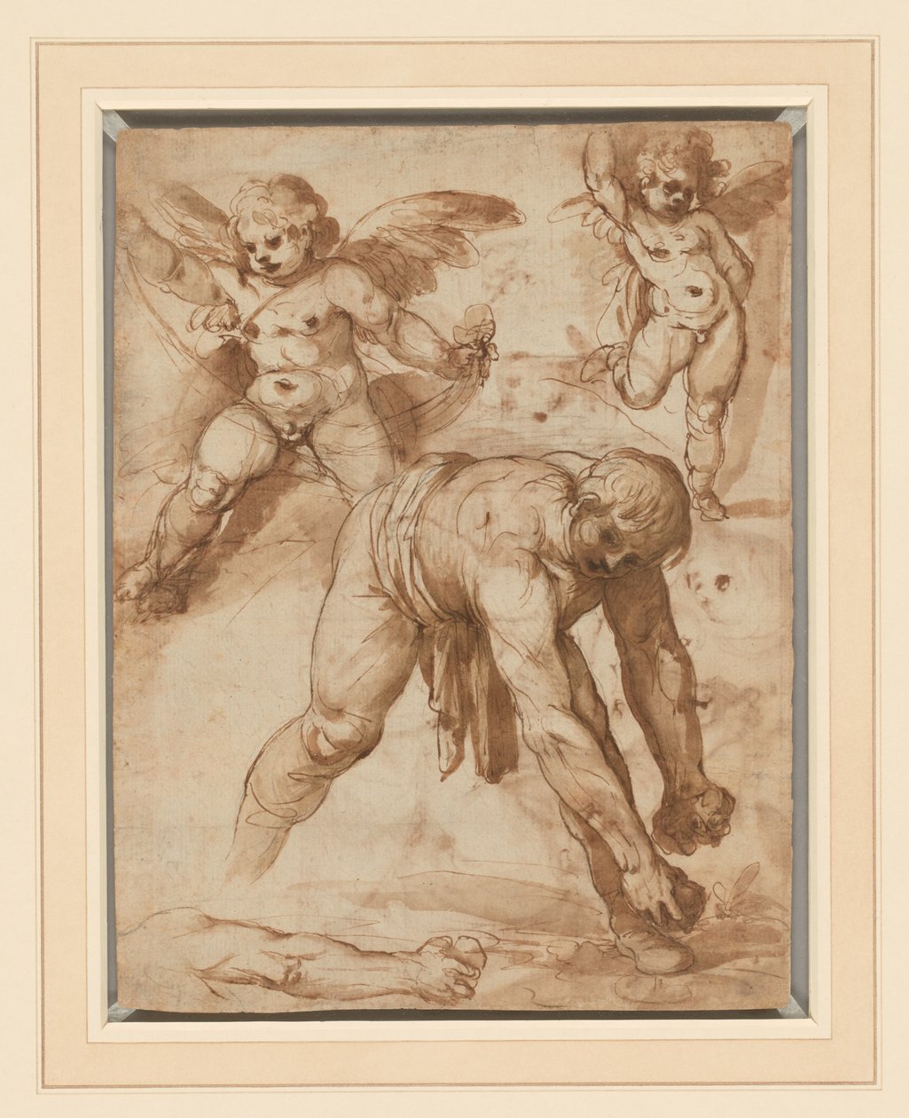 Studier af en figur, der bøjer sig, to putti og en arm (recto); Hvil på flugten til Egypten (verso) af Cesare Rossetti