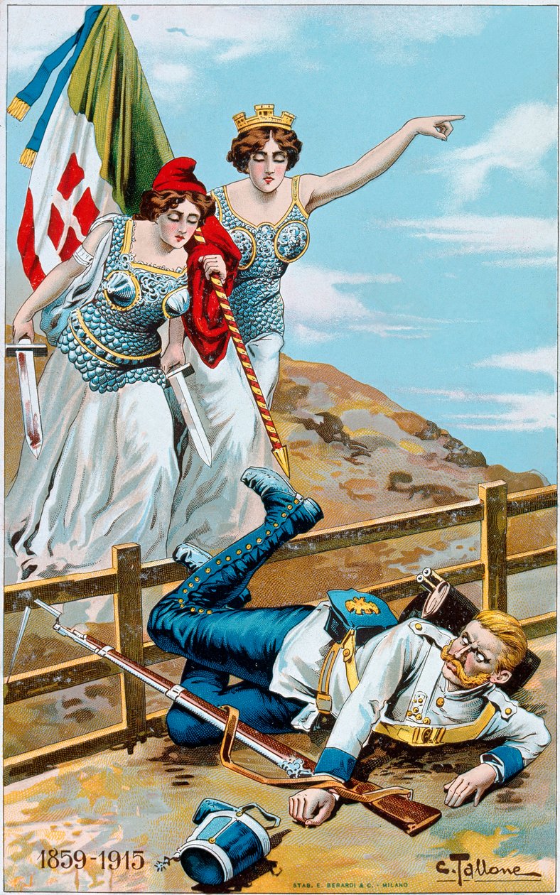 Første Verdenskrig: plakat, der viser en allegori om Italien og Frankrig, der jager Tyskland ud over grænsen. Illustration af Cesare Tallone (1853-1919) Privat samling af Cesare Tallone