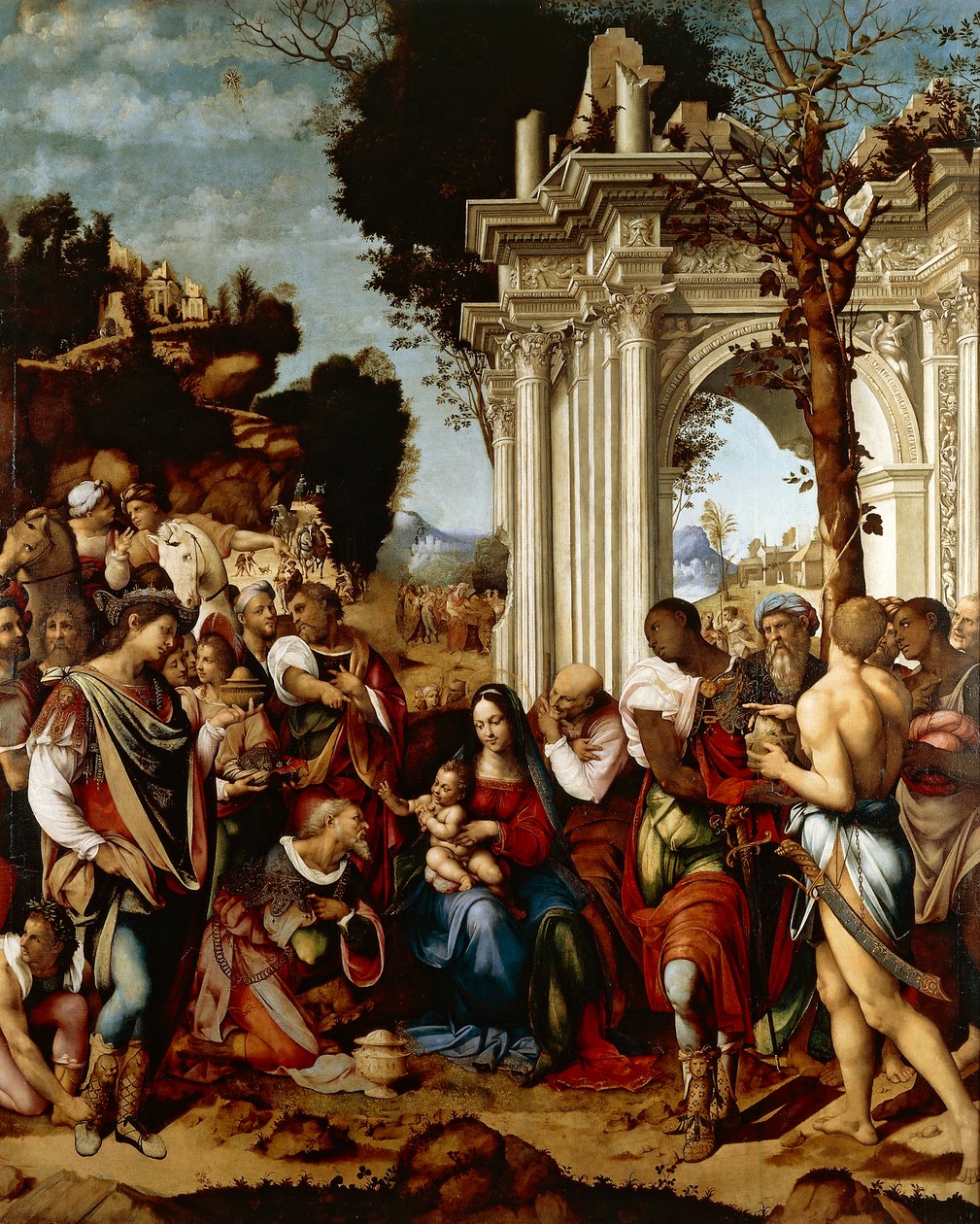 Adoration of Magi, af Cesare da Sesto (1477-1523), Olie på lærred af Cesare da Sesto