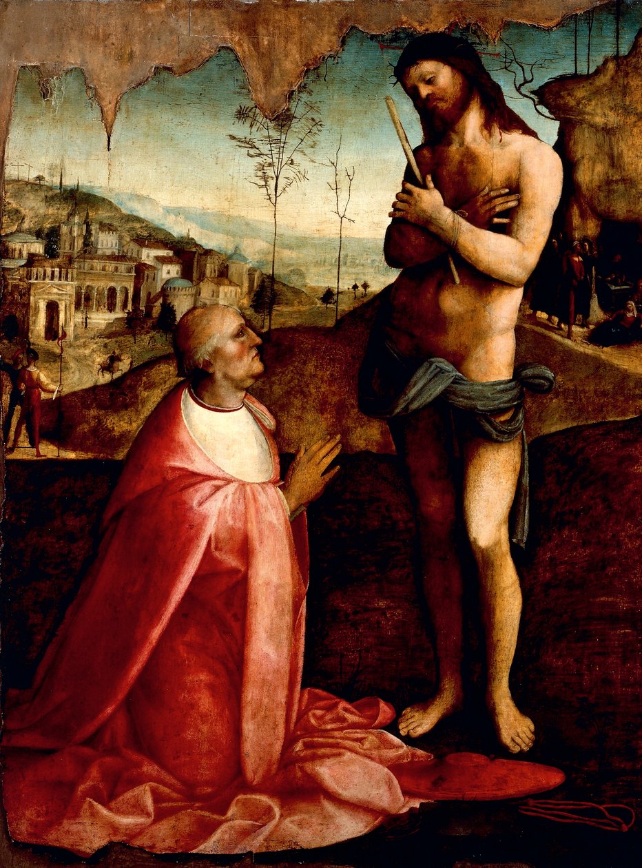 Kristus lidelse og kardinal Oliviero Carafa i bøn, af Cesare da Sesto (1477-1523) af Cesare da Sesto