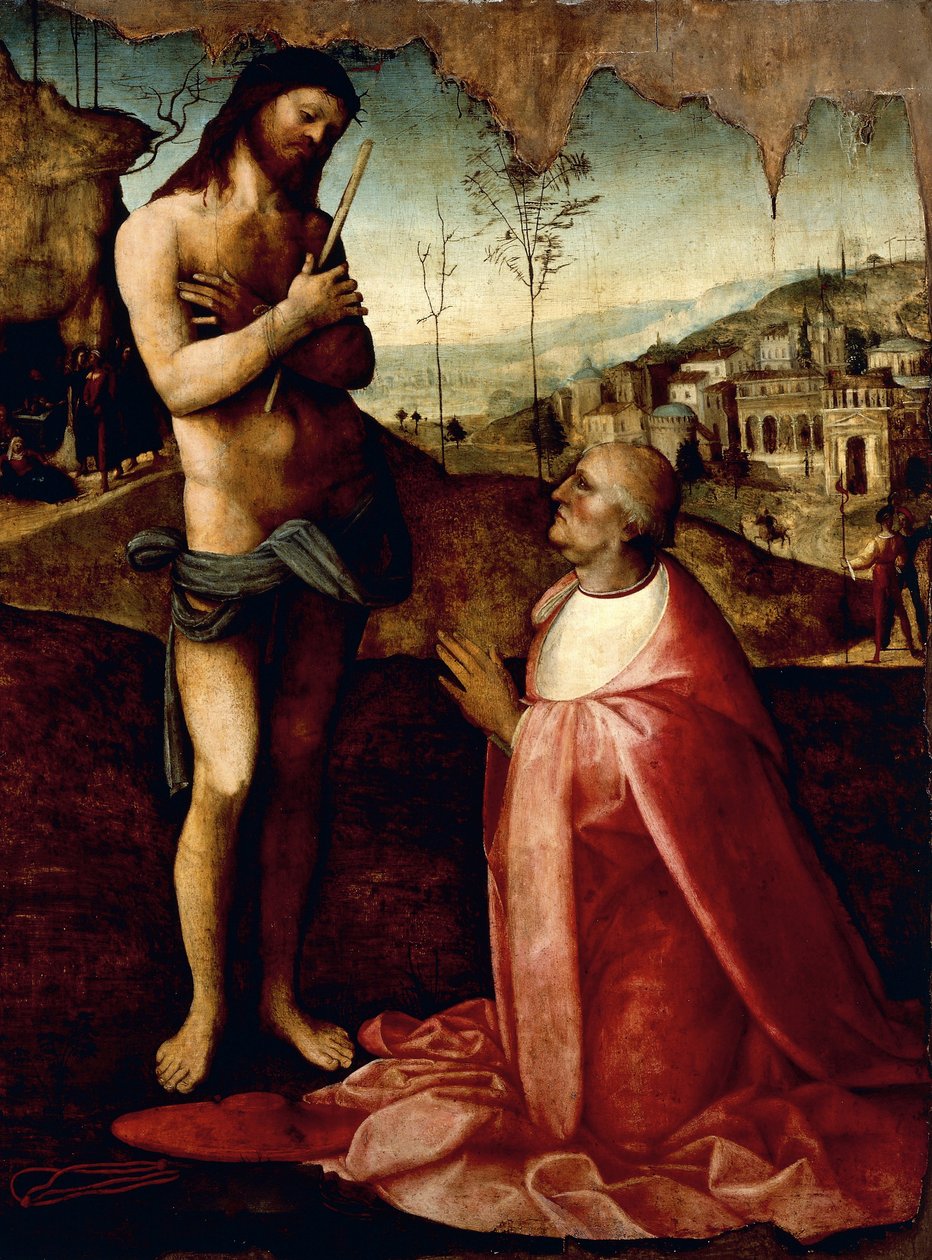 Den lidende Kristus og kardinal Oliviero Carafa i bøn (maleri) af Cesare da Sesto