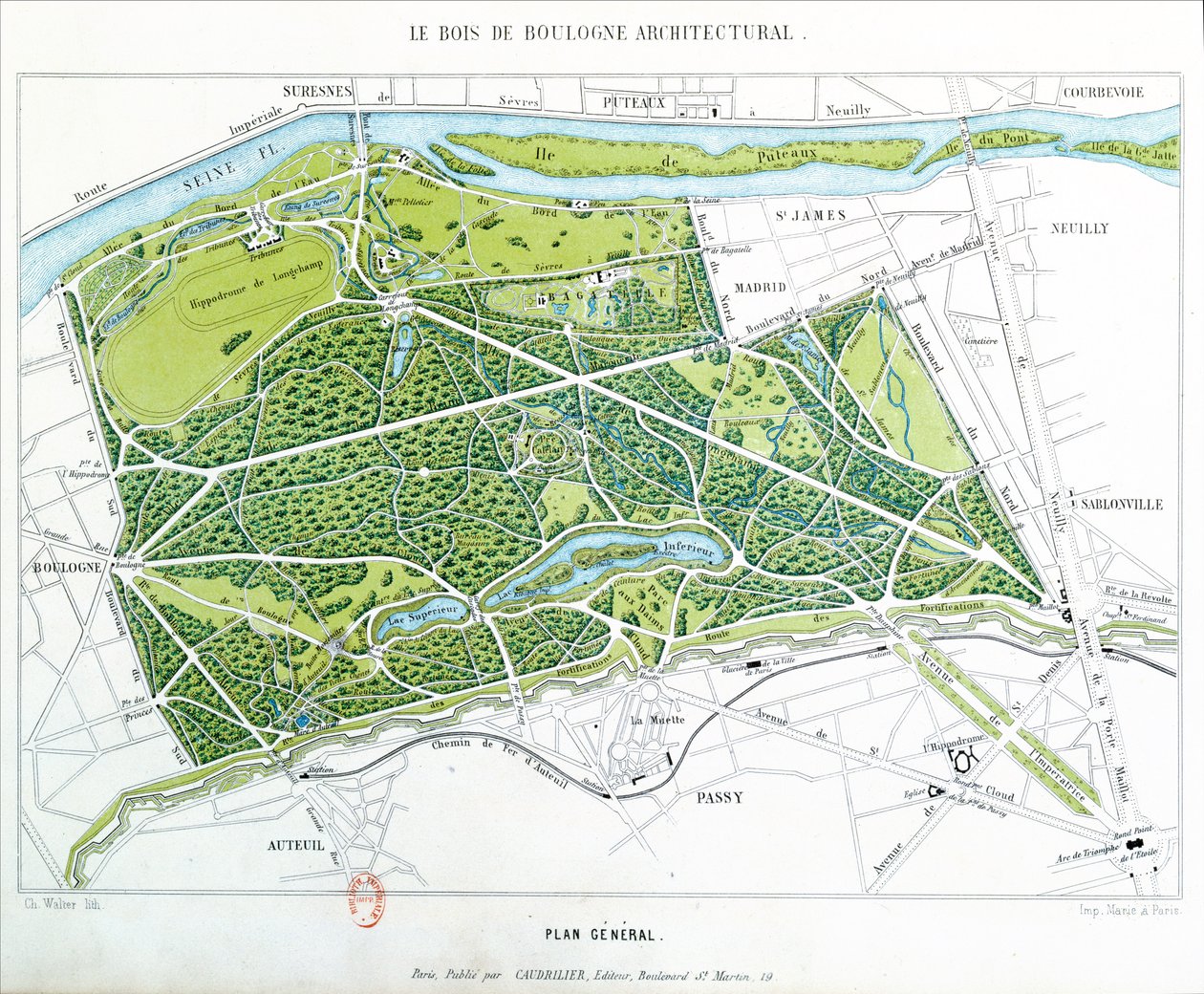 Plan over Bois de Boulogne i Paris, udgivet af Caudrilier, 1860 af Ch. Walter