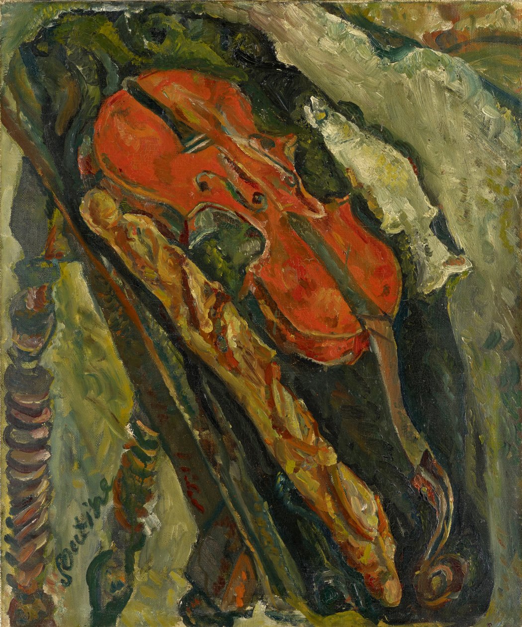 Nature morte au violon, pain et poisson Stilleben med violin, brød og fisk, ca. 1922. af Chaim Soutine