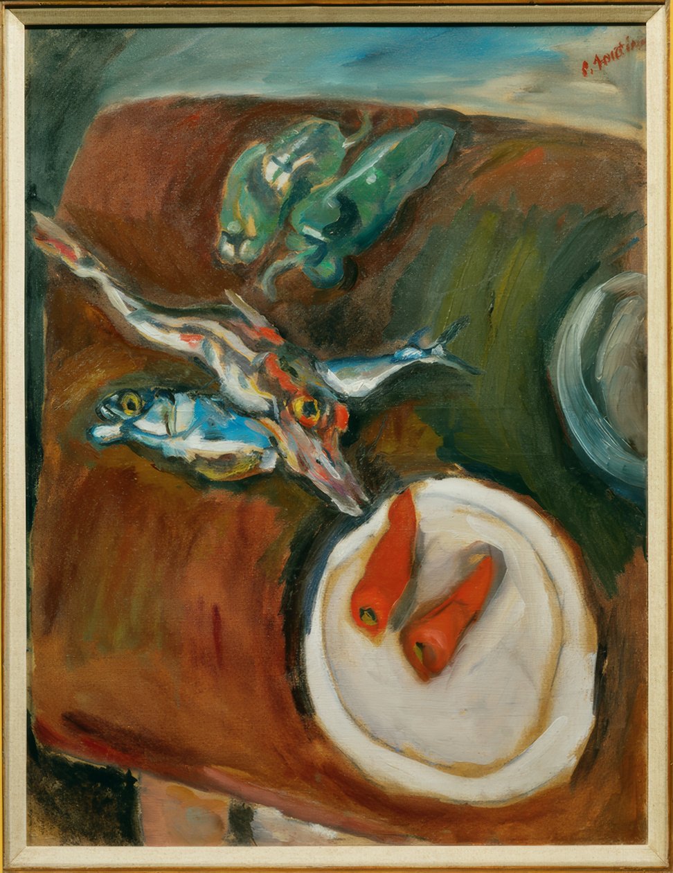Stilleben med fisk, peberfrugt og gulerødder af Chaim Soutine