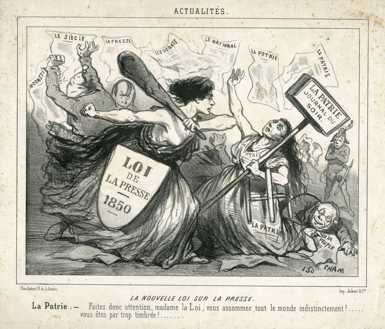 Illustration af Cham (1819-1879) i Le Charivari, omkring 1850-4-3 - Den nye lov om pressen - Censur, Presse/Media, Loi - Proudhon Pierre-Joseph (1809-1965), Girardin Emile de (1806- 1881) - Allegorie af Amédée de Noé