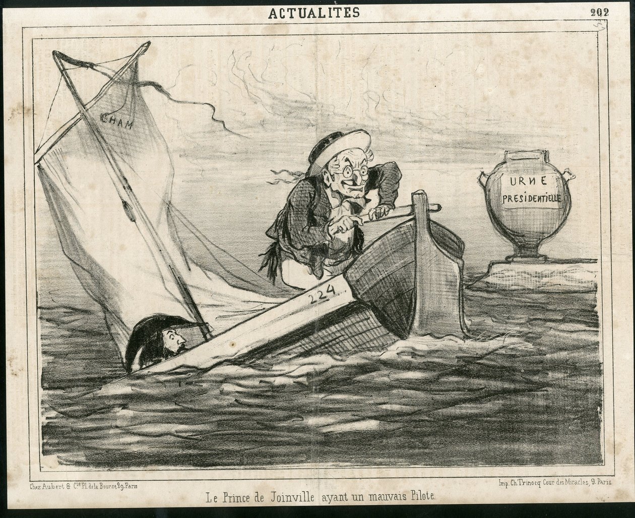 Illustration af Cham (1819-1879) i Le Charivari, omkring 1850 - Prinsen af Joinville har en dårlig pilot - Valg, republikkens præsident, Maritime Marine Nautique Balneaire - Thiers Adolphe, Francois d