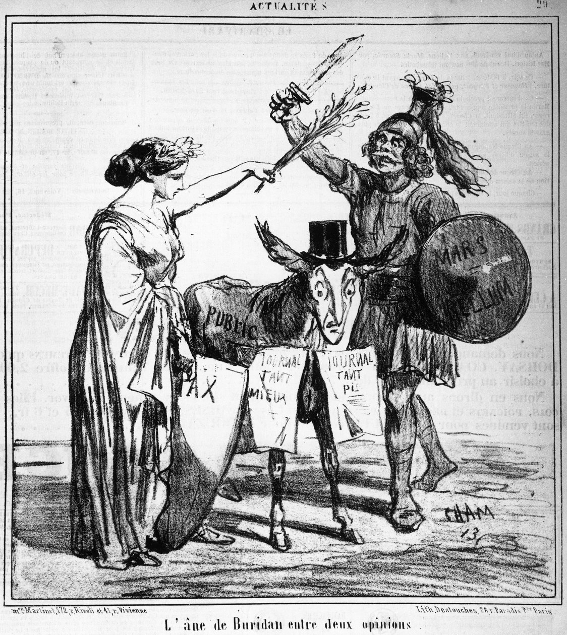 Buridans æsel mellem to meninger - af Cham, i "" Charivari"" af 29/04/1859. af Amédée de Noé