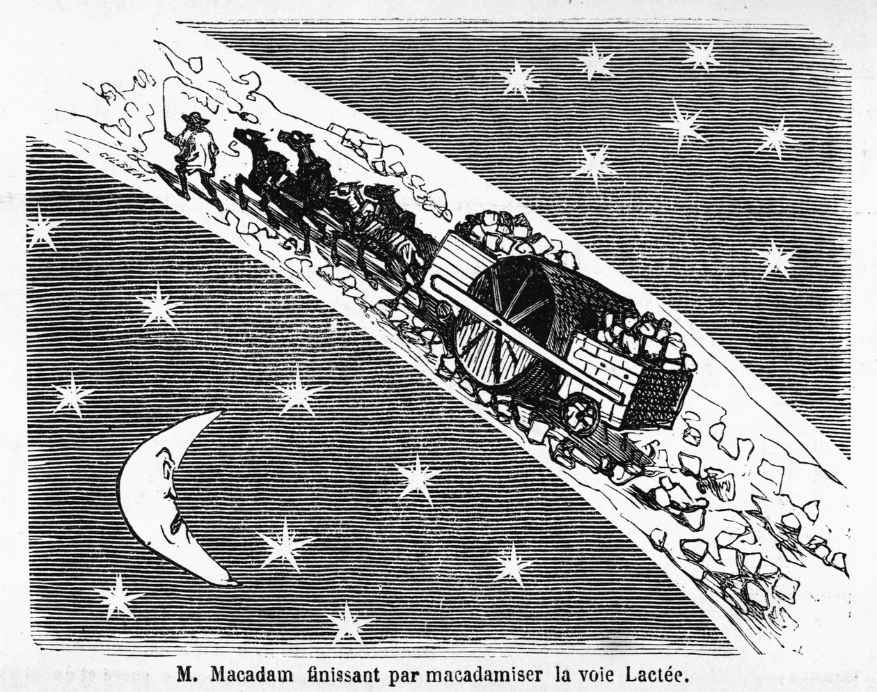 Tegnefilm på stenbelægningen af gader, MacAdam, skotsk ingeniør (1756-1838): "" M. Macadam slutter med at makadamisere Mælkevejen""" - i "" Album Charivarique"", ill. de Cham af Amédée de Noé