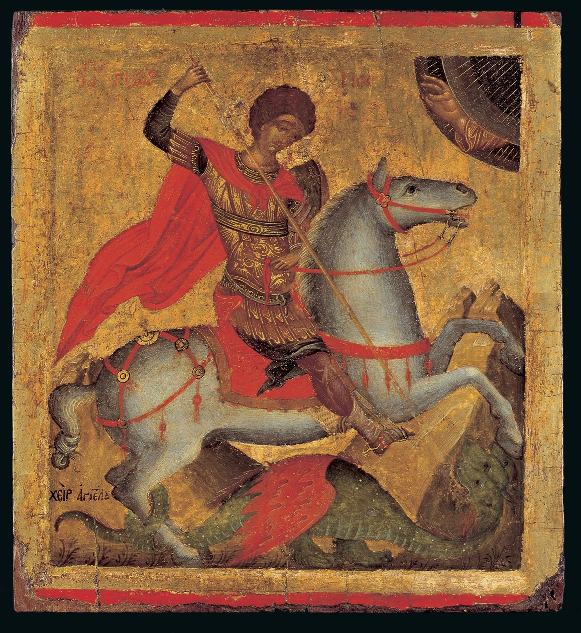 Ikon for St. George til hest, Dragen ihjel (ægtempera på træ) af Chanter Angelos Akotandos