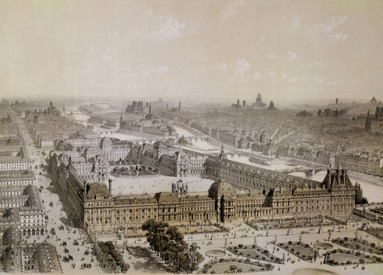 Det færdige Louvre og den nye Rue de Rivoli, indgraveret af Philippe Benoist (1813-c.1905) af Chapuis