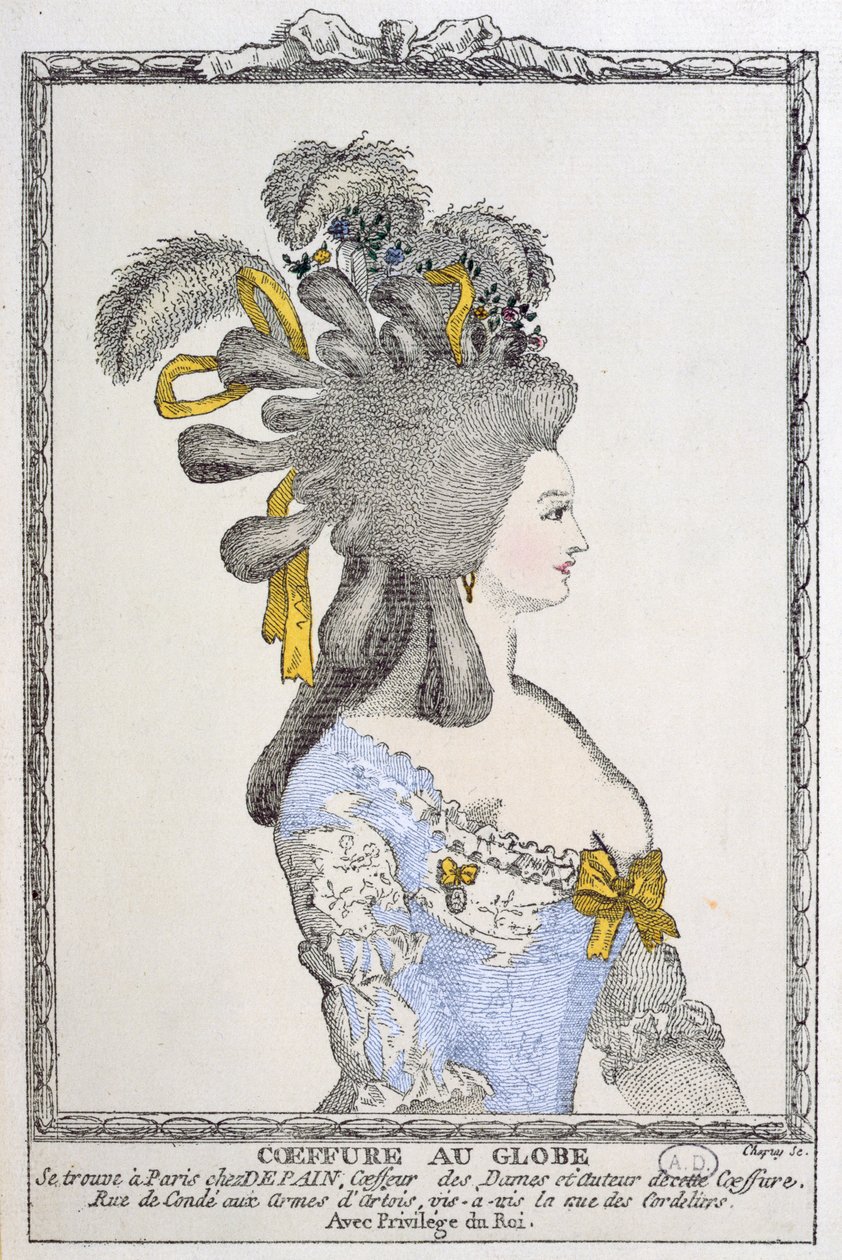 Coiffure au Globe, ca. 1780 (farvegravering) af Chapuy