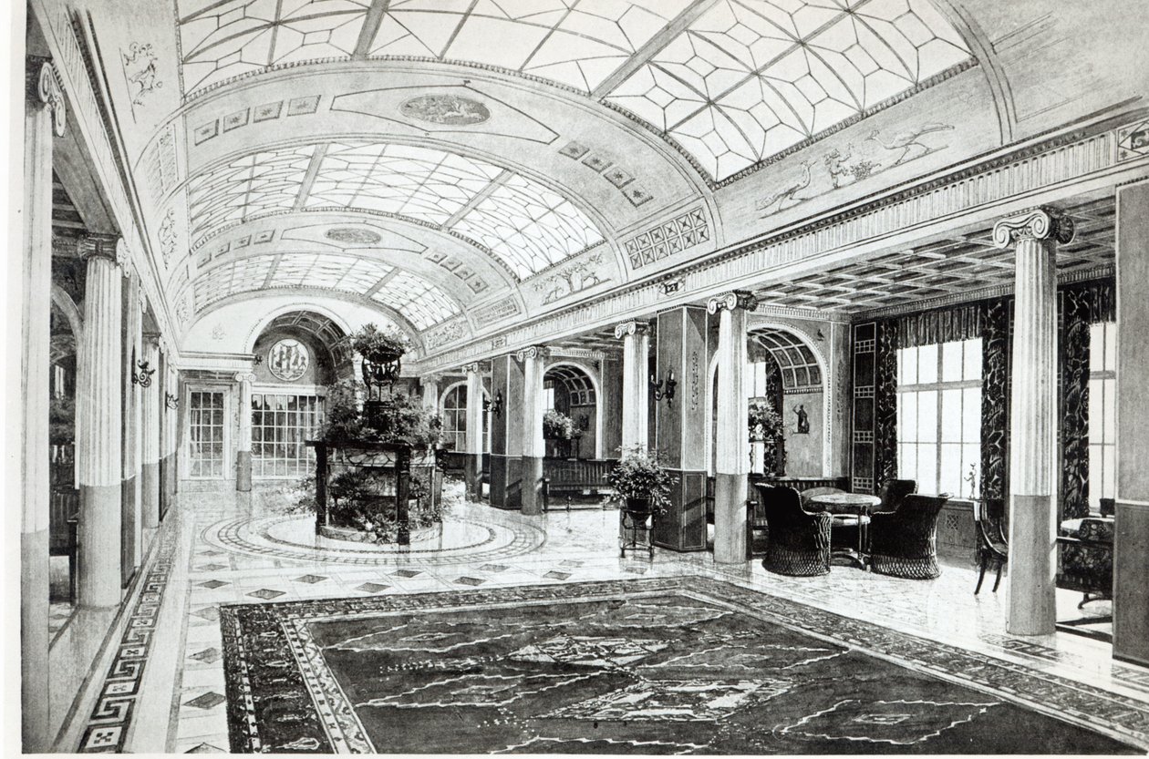 Design til et vinterhave-modtagelsesrum på Ocean Liner, Admiral von Tirpitz, ca. 1911 af Charles and Bischoff, A. Mewes