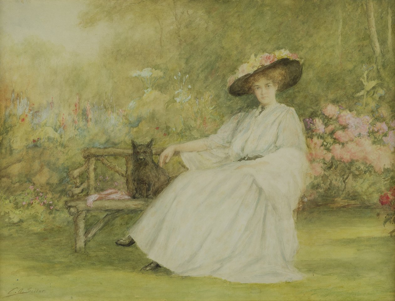 Lady and her Dog ved Corsham Court, ca. 1914 (blyant, wc og gouache på papir) af Charles A. Sellar
