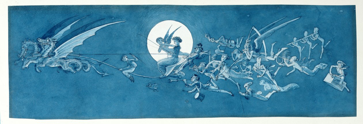 Dragevognen og fe-minstrene krydser månen (pen, blæk og wc på papir) af Charles Altamont Doyle