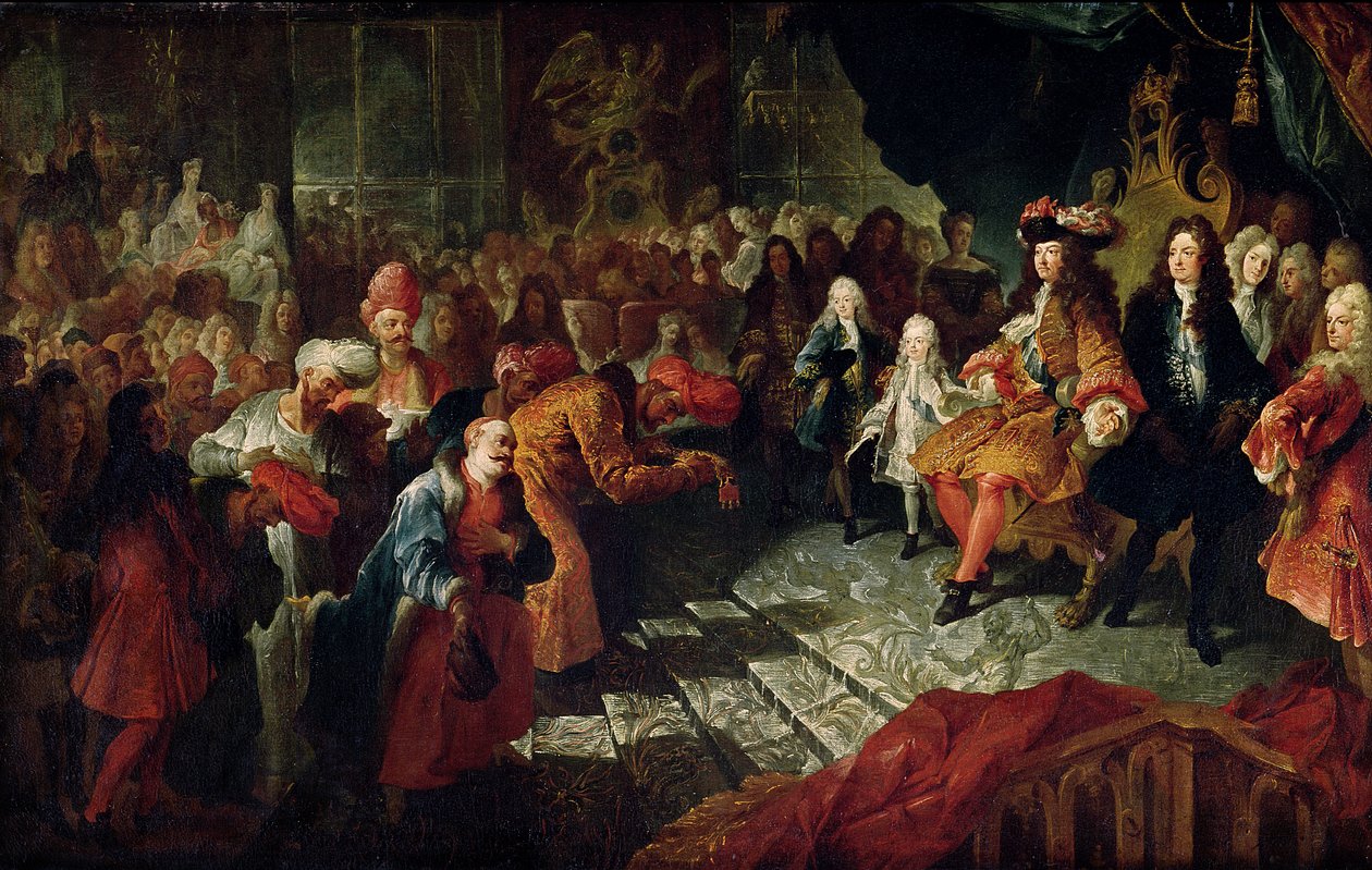 Ludvig XIV (1638-1715) modtog den persiske ambassadør Mohammed Reza Beg i Galerie des Glaces i Versailles, 19. februar 1715 af Charles Antoine Coypel