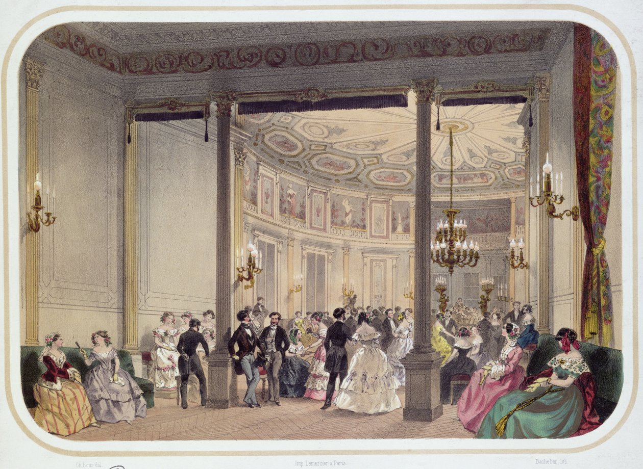 Salonen og Rotunda of the Establishment, Vichy, graveret af Bachelier, midt i det 19. århundrede af Charles Bour