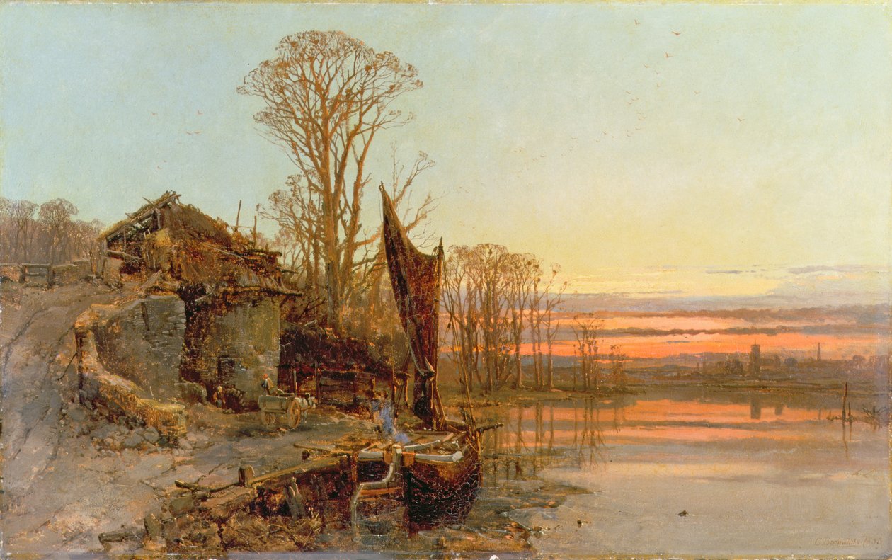 Landskab med et ødelagt sommerhus ved solnedgang, 1898 af Charles Branwhite