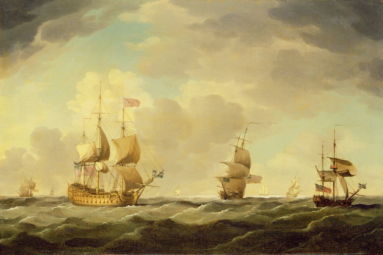Et engelsk flagskib under let sejl i en moderat brise, ca. 1750 af Charles Brooking