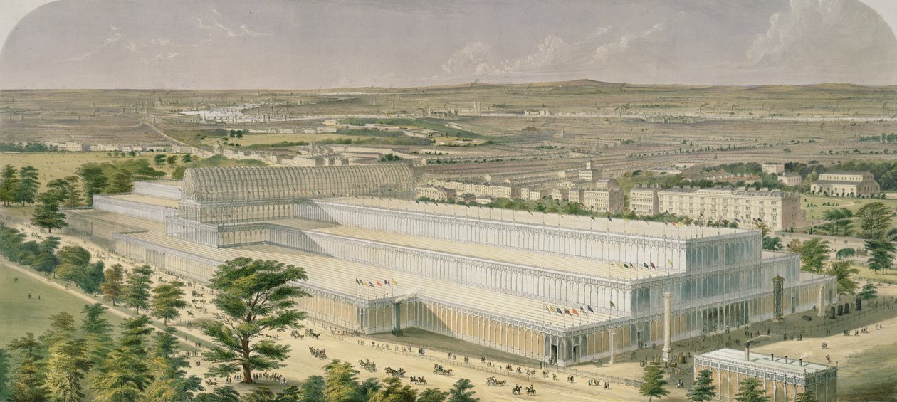 Aeronautisk udsigt over Palace of Industry for All Nations, fra Kensington Gardens, pub. af Ackermann, 1851 af Charles Burton