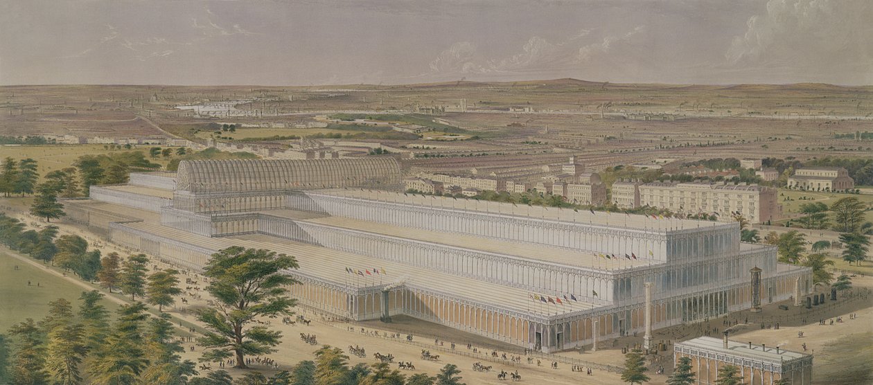 Aeronautisk udsigt over Palace of Industry for all Nations, fra Kensington Gardens, indgraveret af kunstneren, pub. 1851 af Charles Burton