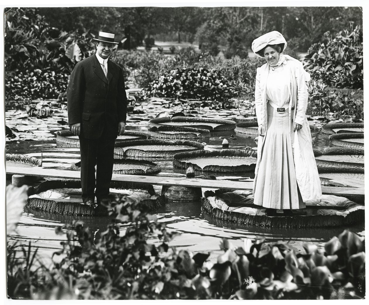 Tower Grove Park Lily Pond. Mand og kvinde står på Lily Pads. af Charles Clement Holt