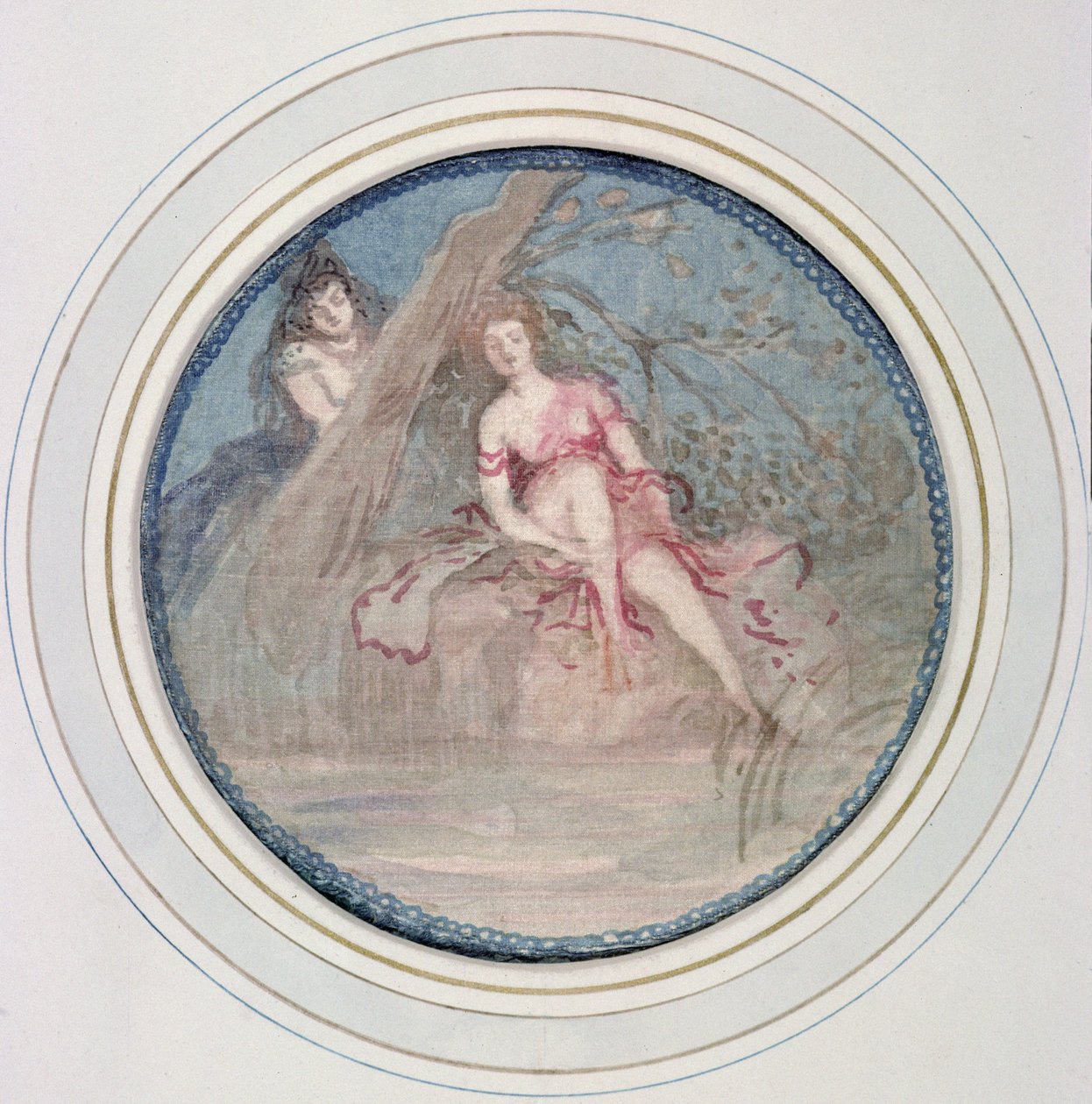Kvindefigur siddende på bredden af en å: en anden figur bag et træ af Charles Edward Conder